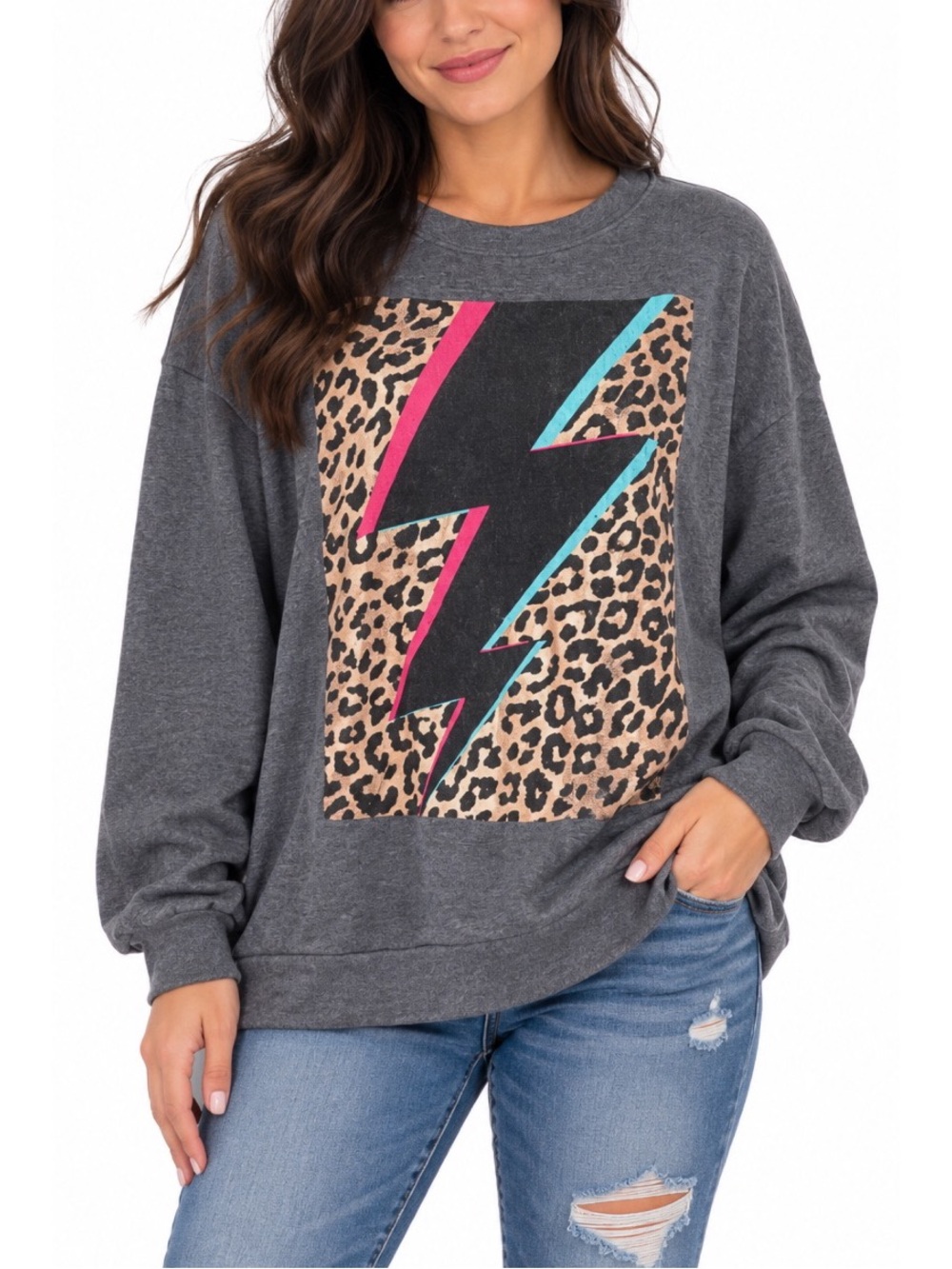 Tres Bien Charcoal Leopard Lightning Bolt Sweatshirt- Large